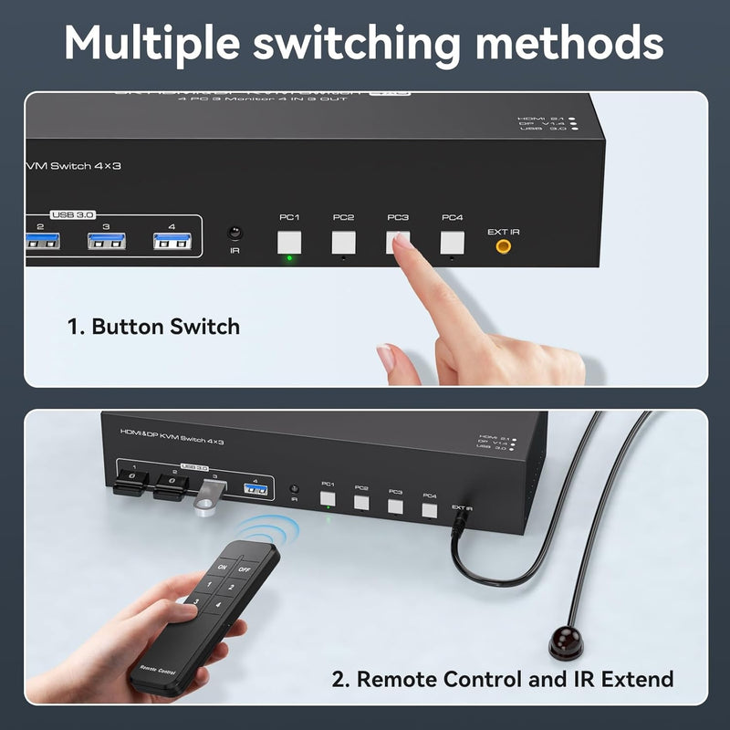 NÖRDIC KVM Switch 4 to 3, 4xUSB3.0 2xDP 1xHDMI 8K30Hz with wireless control