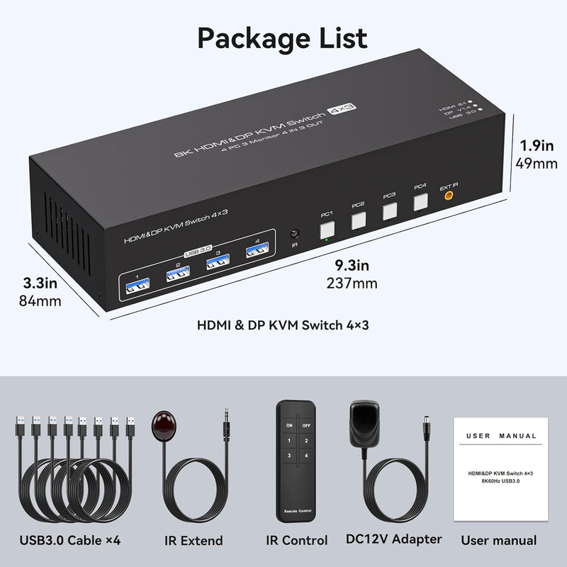NÖRDIC KVM Switch 4 to 3, 4xUSB3.0 2xDP 1xHDMI 8K30Hz with wireless control