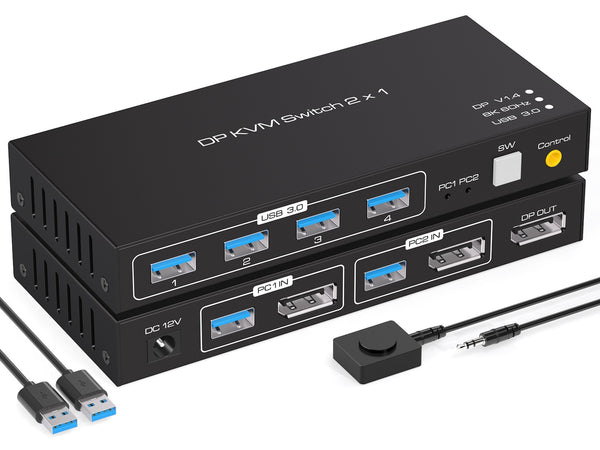 NÖRDIC KVM switch 2 to 1 DisplayPort to DisplayPort, 8K60Hz/4K120Hz, 4x USB-A