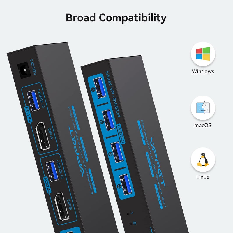 NÖRDIC KVM switch 2 to 1 DisplayPort to DisplayPort, 8K60Hz/4K120Hz, 4x USB-A