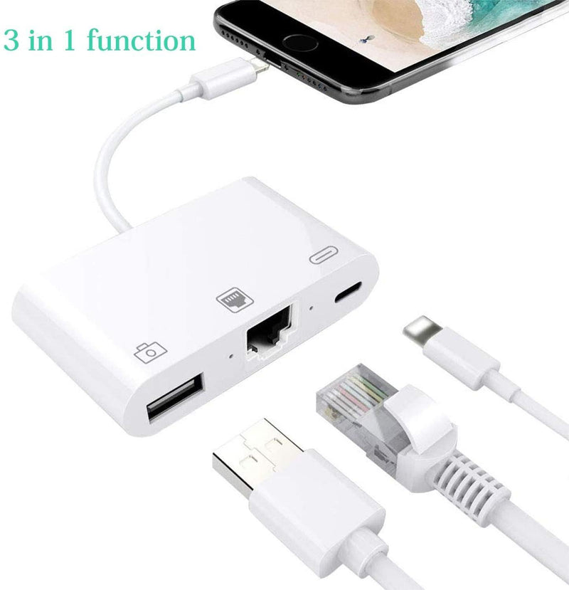 NÖRDIC Lightning adapter 1 to 3 ports 1x USB3.1 1x RJ45 10/100Mbps 1x Lightning for charging