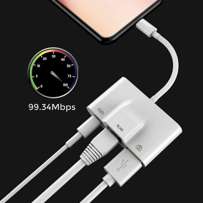 NÖRDIC Lightning adapter 1 to 3 ports 1x USB3.1 1x RJ45 10/100Mbps 1x Lightning for charging