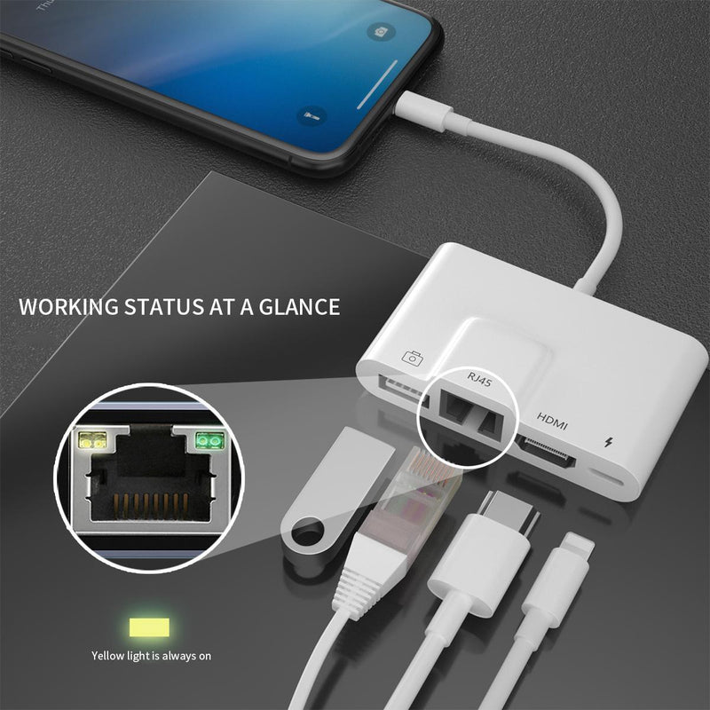 NÖRDIC Lightning adapter 1 to 4 ports 1xHDMI 1x RJ4510/100Mbps 1xUSB A 3.1 and 1 x Lightning charging port