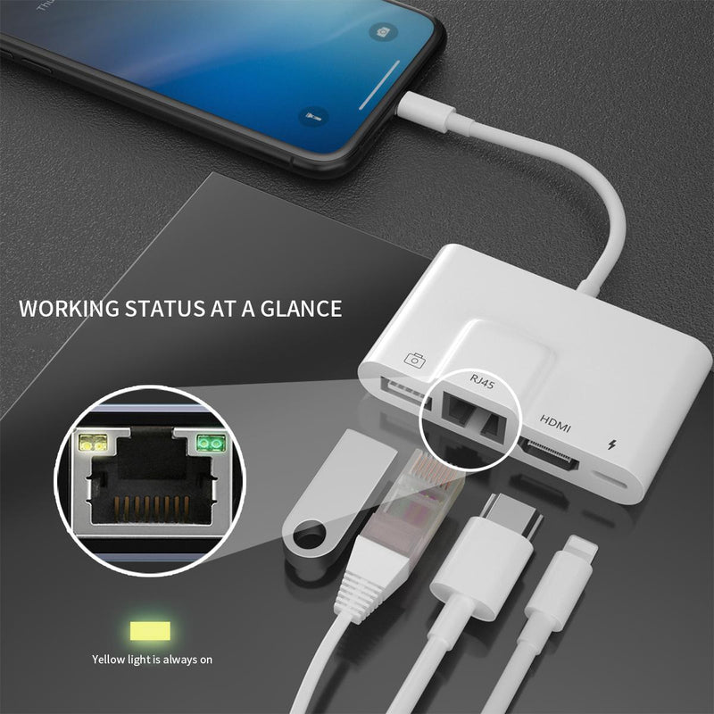 NÖRDIC Lightning adapter 1 to 4 ports 1xHDMI 1x RJ4510 / 100Mbps 1xUSB A 3.1 and 1 x Lightning charging port