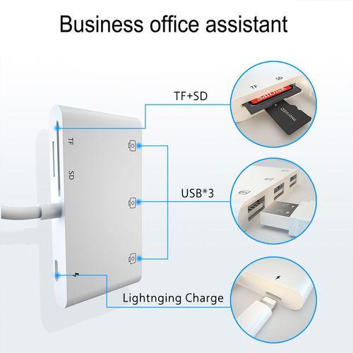 NÖRDIC Lightning adapter 1 to 6 ports 3xUSB A 3.1, 1xTF 1xSD card reader 1 x Lightning (Non MFI) charging port