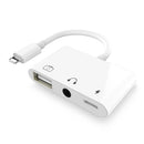 NÖRDIC Lightning adapter to 1xUSB A 1x3,5mm audio and 1x Lightning White 10cm cable