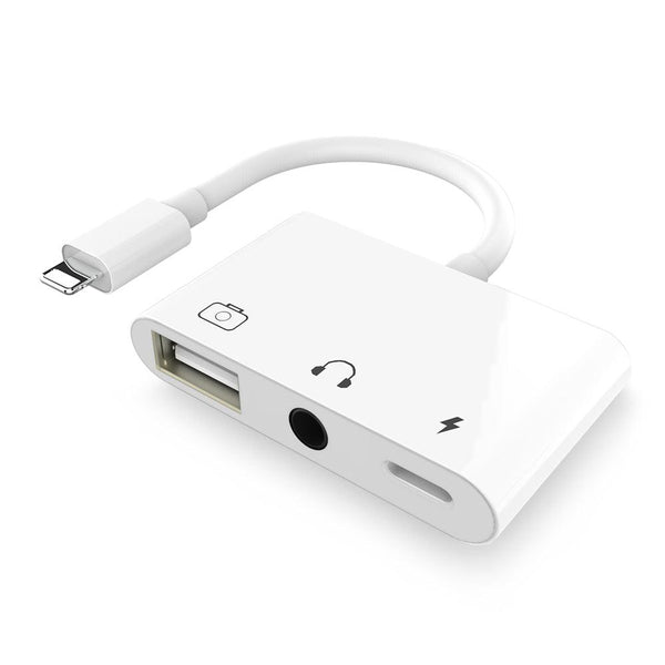 NÖRDIC Lightning adapter to 1xUSB A 1x3,5mm audio and 1x Lightning White 10cm cable
