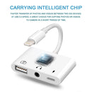 NÖRDIC Lightning adapter to 1xUSB A 1x3,5mm audio and 1x Lightning White 10cm cable