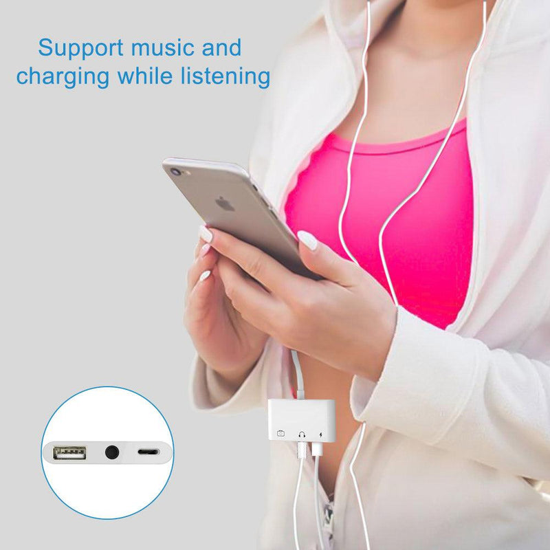 NÖRDIC Lightning adapter to 1xUSB A 1x3,5mm audio and 1x Lightning White 10cm cable