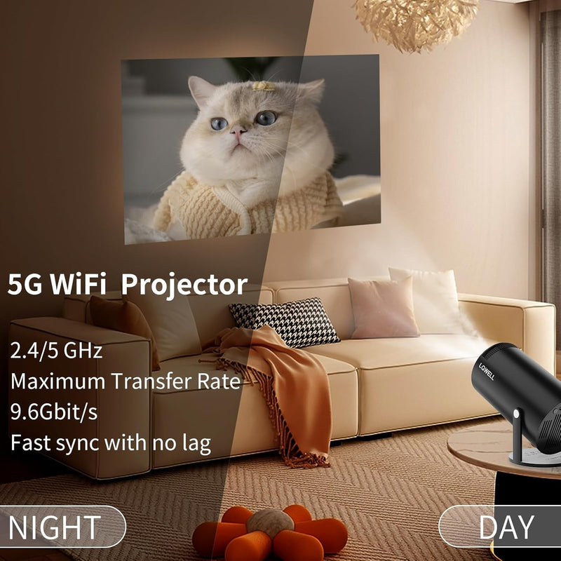 NÖRDIC Mini Portable Projector – 720p HD Support, Android 11, WiFi 6, BT 5.0, 180° Rotation, Home Theater Projector