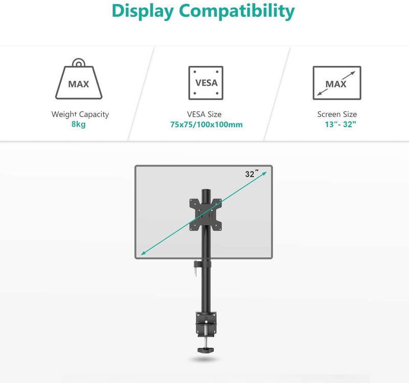 NÖRDIC Monitor arm table mount for 1 monitor 13-32 with adjustable height, rotatable and tiltable, steel, black, screen mount VESA 75 and 100