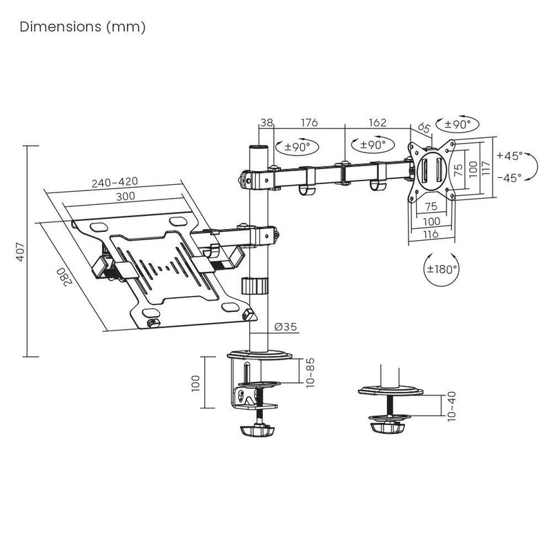 NÖRDIC Monitorarm och bärbar datorhållare monitor 13-27" 8kg bärbar 15,6" monitorfäste