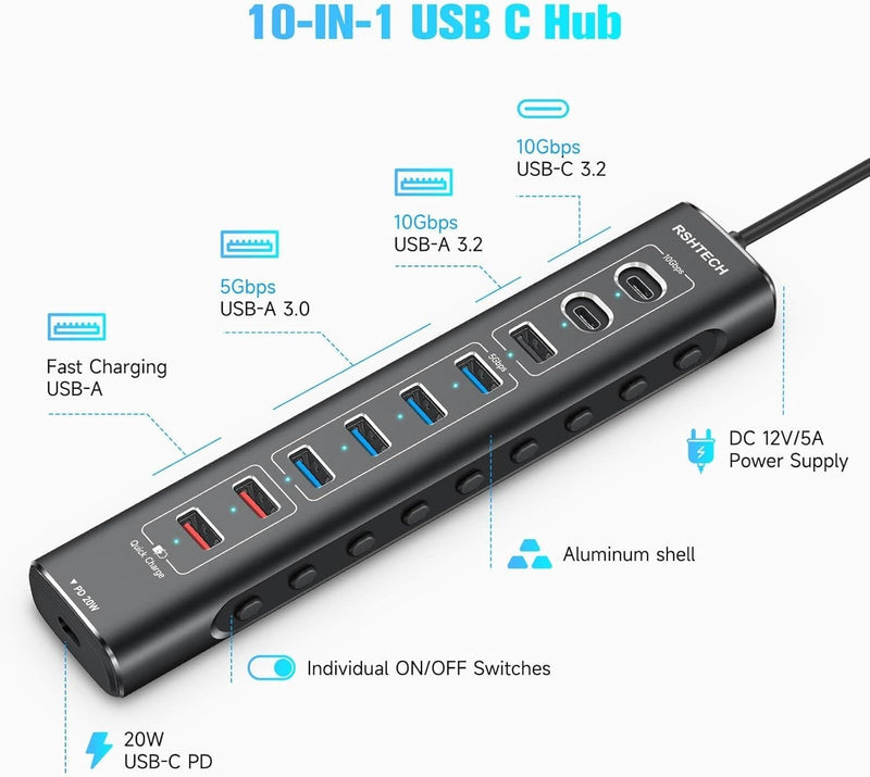 NÖRDIC Powered 10port  USB-C & A Hub, 10Gbps USB-C and USB-A Data Ports, 4 USB 3.0 Ports, 2 Fast Charging Ports and 20W USB-C PD Port individual switch