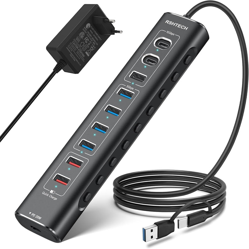 NÖRDIC Powered 10port  USB-C & A Hub, 10Gbps USB-C and USB-A Data Ports, 4 USB 3.0 Ports, 2 Fast Charging Ports and 20W USB-C PD Port individual switch
