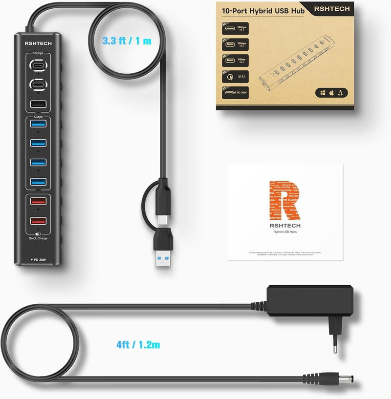 NÖRDIC Powered 10port  USB-C & A Hub, 10Gbps USB-C and USB-A Data Ports, 4 USB 3.0 Ports, 2 Fast Charging Ports and 20W USB-C PD Port individual switch