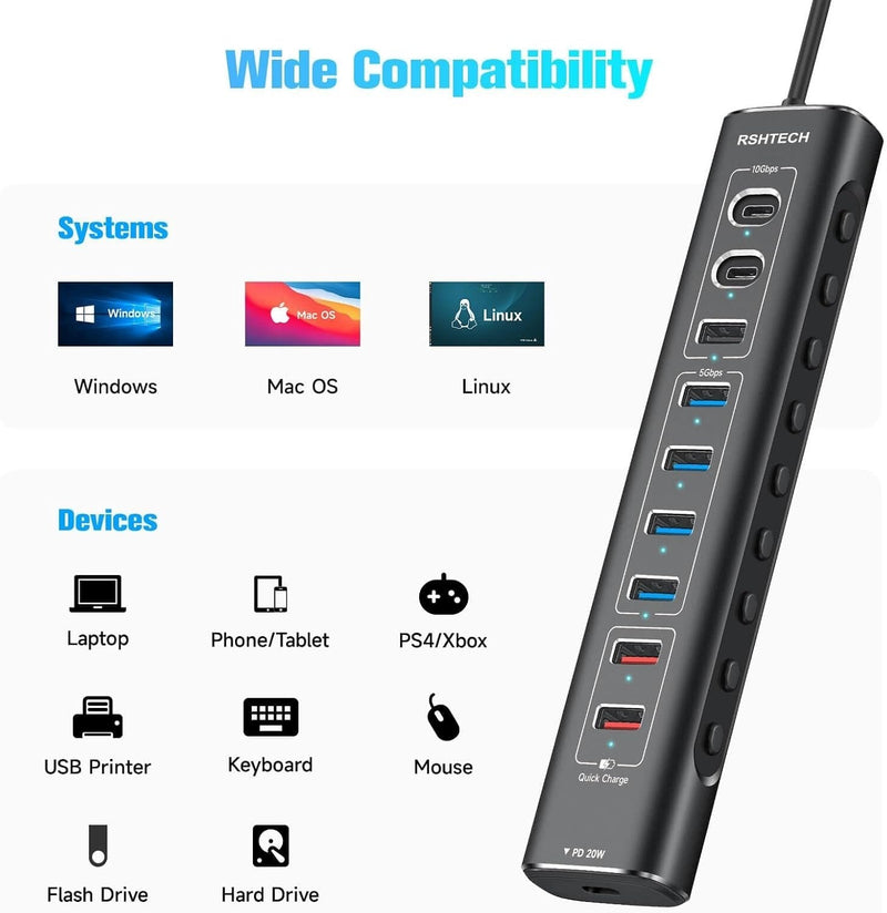 NÖRDIC Powered 10port  USB-C & A Hub, 10Gbps USB-C and USB-A Data Ports, 4 USB 3.0 Ports, 2 Fast Charging Ports and 20W USB-C PD Port individual switch