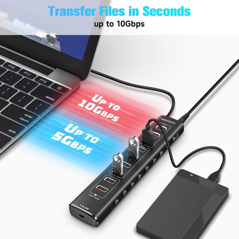 NÖRDIC Powered 10port  USB-C & A Hub, 10Gbps USB-C and USB-A Data Ports, 4 USB 3.0 Ports, 2 Fast Charging Ports and 20W USB-C PD Port individual switch