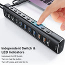 NÖRDIC Powered 10port USB-C & A Hub, 3x10G USB-A and USB-C USB3.2 GEN2, 4x5G USB-A USB3.2 GEN1, 1xUSB-C 20W PD, 2xUSB-A charging with individual switch