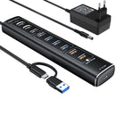 NÖRDIC Powered 10port USB-C & A Hub, 3x10G USB-A and USB-C USB3.2 GEN2, 4x5G USB-A USB3.2 GEN1, 1xUSB-C 20W PD, 2xUSB-A charging with individual switch