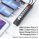 NÖRDIC Powered 10port USB-C & A Hub, 3x10G USB-A and USB-C USB3.2 GEN2, 4x5G USB-A USB3.2 GEN1, 1xUSB-C 20W PD, 2xUSB-A charging with individual switch