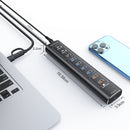 NÖRDIC Powered 10port USB-C & A Hub, 3x10G USB-A and USB-C USB3.2 GEN2, 4x5G USB-A USB3.2 GEN1, 1xUSB-C 20W PD, 2xUSB-A charging with individual switch