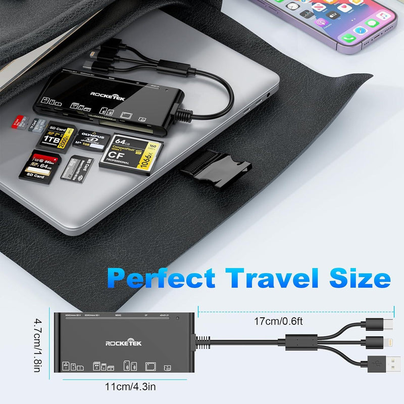 NÖRDIC USB-A, USB-C, Lightning USB3.0 Multi-Card Reader 7 Slot 1xCF, 2xSD, 2xMicroSD, 1xMS, 1xXD UHS-I