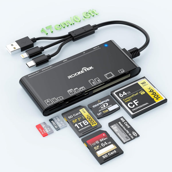 NÖRDIC USB-A, USB-C, Lightning USB3.0 Multi-Card Reader 7 Slot 1xCF, 2xSD, 2xMicroSD, 1xMS, 1xXD UHS-I