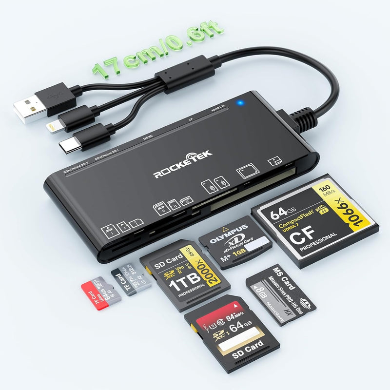 NÖRDIC USB-A, USB-C, Lightning USB3.0 Multi-Card Reader 7 Slot 1xCF, 2xSD, 2xMicroSD, 1xMS, 1xXD UHS-I