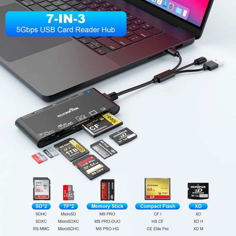 NÖRDIC USB-A, USB-C, Lightning USB3.0 Multi-Card Reader 7 Slot 1xCF, 2xSD, 2xMicroSD, 1xMS, 1xXD UHS-I