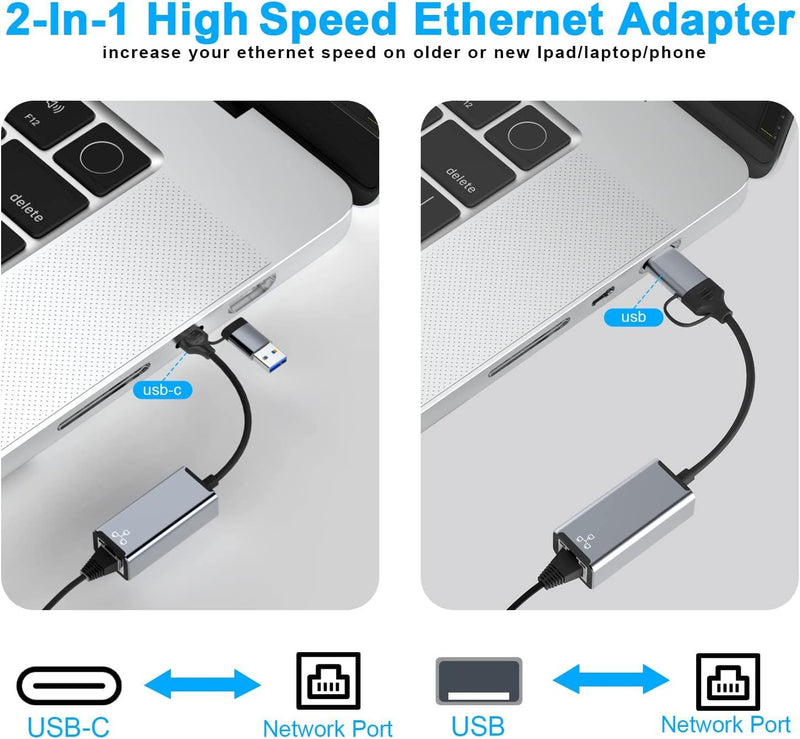 NÖRDIC USB-A and C 3.1 to Giga Ethernet Network Adapter USB-A and USB-C Space Gray Aluminum RTL8153