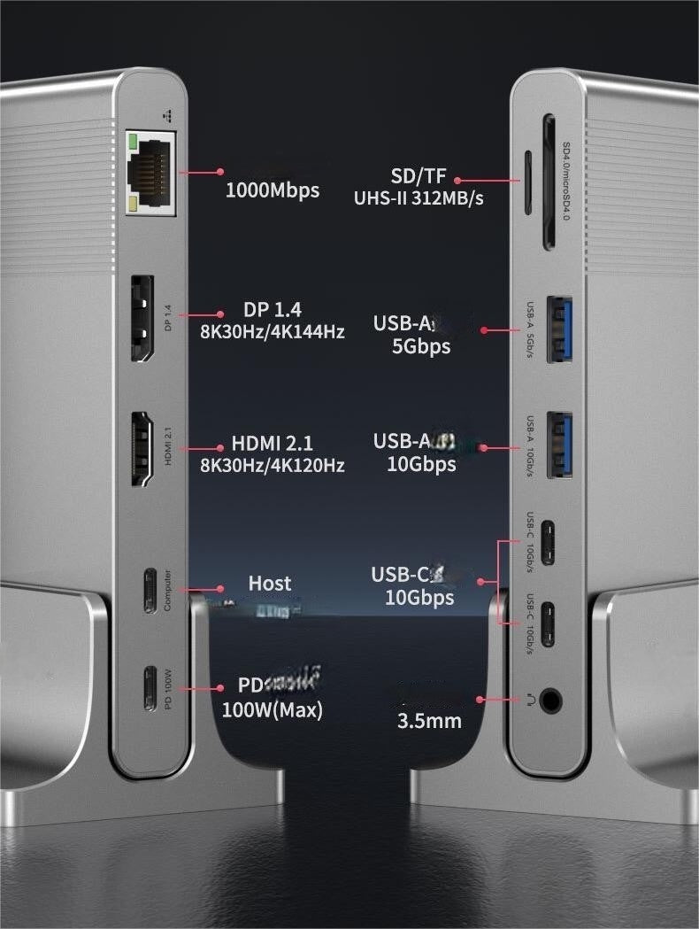 NÖRDIC USB-C 1 to 12 Docking station 1xDP 8K30Hz 1xHDMI 8K30Hz 1xRJ45 GigaLan 1xUSB-C PD100W 3xUSB 10G 1xUSB 5G 1xSD 1XMicroSD 1x3.5mm AUX
