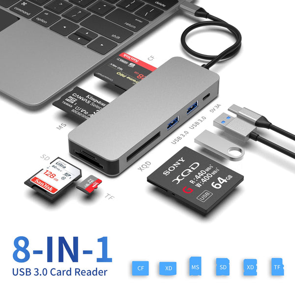 NÖRDIC USB-C Card Reader 5 Slot CF3.0 SD3.0, MicroSD3.0, MS3.0, XQD3.0, 2xUSB-A 3.0, 1xUSB-C 15W