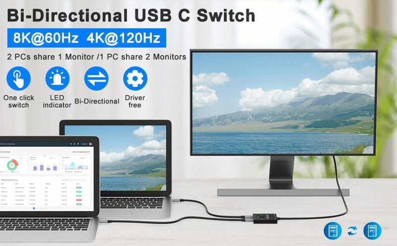 NÖRDIC USB-C 2 to 1 Switch &amp; 1 to 2 Splitter, 8K/60Hz 4K/144Hz 100WPD 10Gbps Data+Video+PD