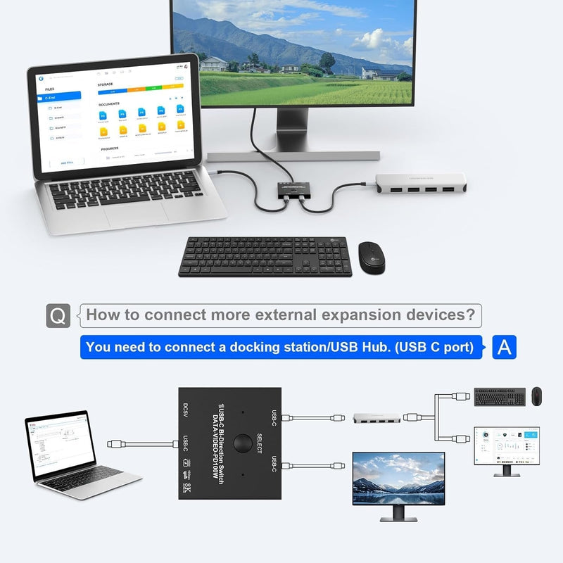 NÖRDIC USB-C 2 to 1 Switch &amp; 1 to 2 Splitter, 8K/60Hz 4K/144Hz 100WPD 10Gbps Data+Video+PD