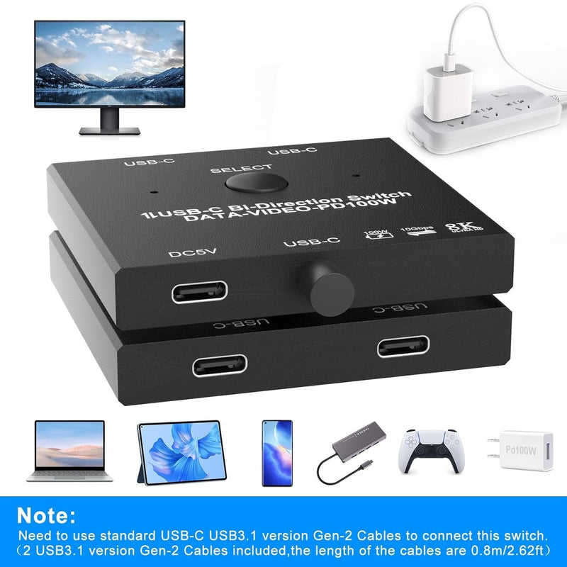 NÖRDIC USB-C 2 to 1 Switch &amp; 1 to 2 Splitter, 8K/60Hz 4K/144Hz 100WPD 10Gbps Data+Video+PD