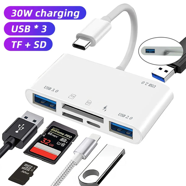 NÖRDIC USB-C Card Reader 2 Slot SD, MicroSD, 3xUSB-A, 1xUSB-C Charging 30W UHS-I