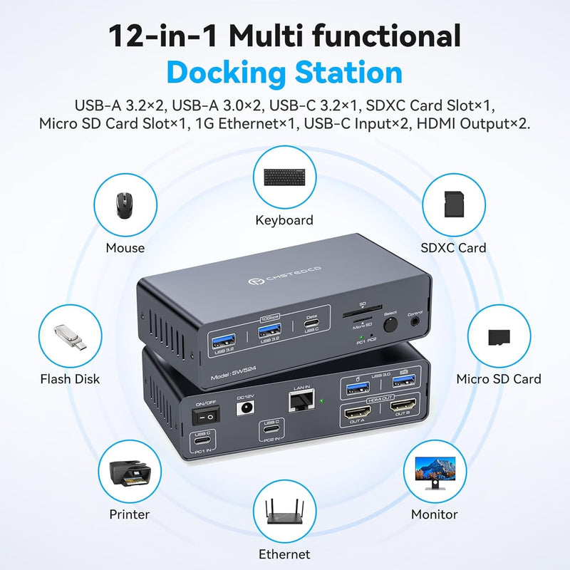 NÖRDIC USB-C Docking Station with KVM Switch 2 PC 2 Monitors 4K60Hz HDMI EDID 12-in-1 Giga Ethernet, Card Reader 5xUSB-A and USB-C