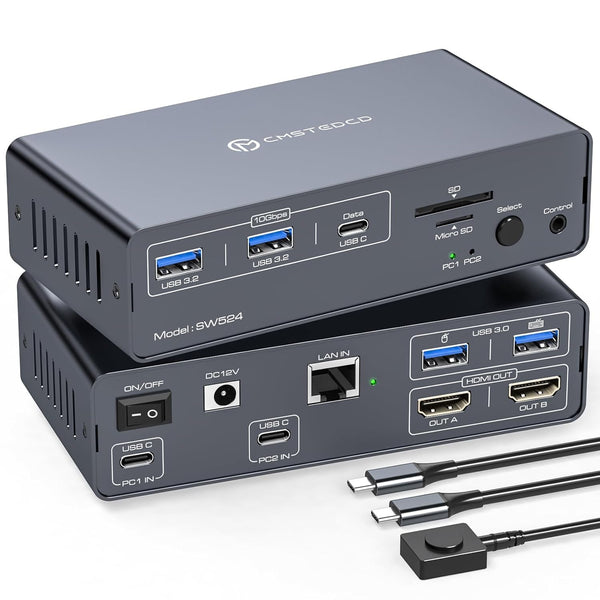 NÖRDIC USB-C Docking Station with KVM Switch 2 PC 2 Monitors 4K60Hz HDMI EDID 12-in-1 Giga Ethernet, Card Reader 5xUSB-A and USB-C