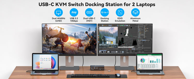 NÖRDIC USB-C Docking Station with KVM Switch 2 PC 2 Monitors 4K60Hz HDMI EDID 12-in-1 Giga Ethernet, Card Reader 5xUSB-A and USB-C