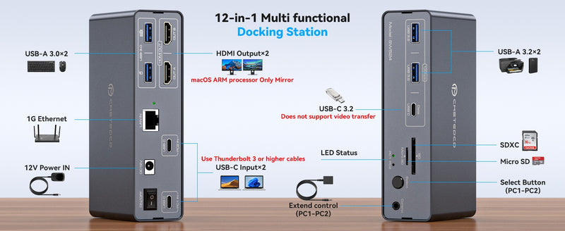 NÖRDIC USB-C Docking Station with KVM Switch 2 PC 2 Monitors 4K60Hz HDMI EDID 12-in-1 Giga Ethernet, Card Reader 5xUSB-A and USB-C