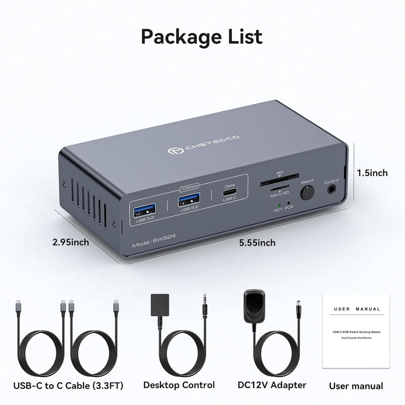 NÖRDIC USB-C Docking Station with KVM Switch 2 PC 2 Monitors 4K60Hz HDMI EDID 12-in-1 Giga Ethernet, Card Reader 5xUSB-A and USB-C