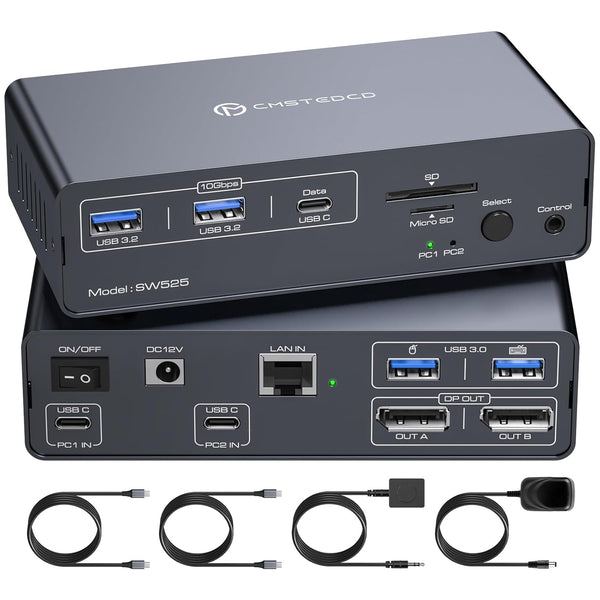NÖRDIC USB-C Docking Station with KVM Switch 2 PCs 2 Monitors 4K120Hz DP Gigabit Ethernet, Card Reader, 4xUSB-A and USB-C