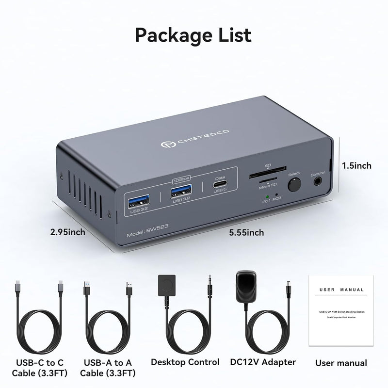 NÖRDIC USB-C Docking Station with KVM Switch 2 PCs 2 Monitors 4K120Hz DP Gigabit Ethernet, Card Reader, 4xUSB-A and USB-C