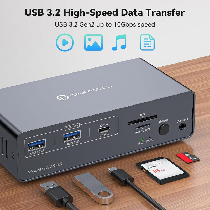 NÖRDIC USB-C Docking Station with KVM Switch 2 PCs 2 Monitors 4K120Hz DP Gigabit Ethernet, Card Reader, 4xUSB-A and USB-C