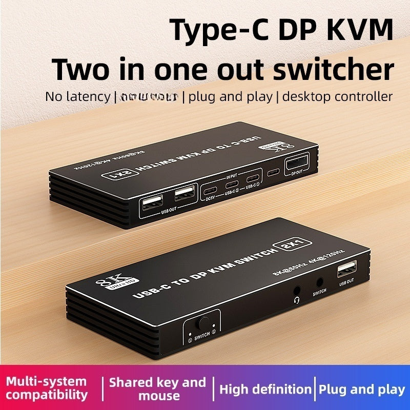NÖRDIC USB-C KVM Switch 2 to 1 DP 8K60Hz 4K144Hz 3xUSB 1x3.5mm