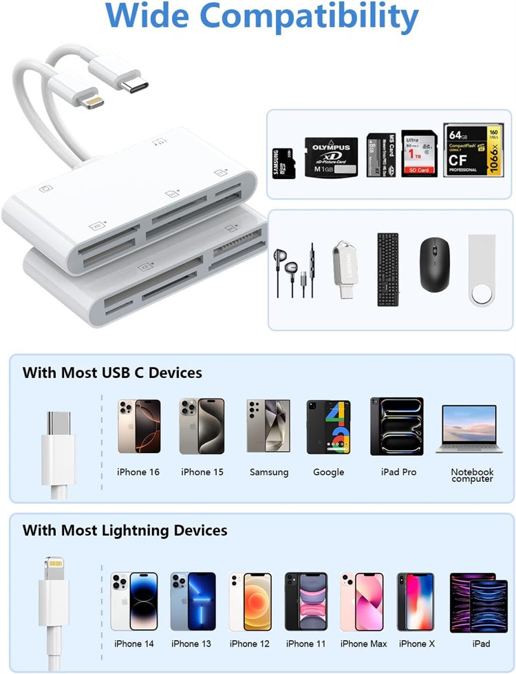 NÖRDIC USB-C/Lightning Card Reader 5 Slot CF, SD, MicroSD, MS, XD 1xUSB-A 1xUSB-C UHS-I