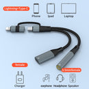 NÖRDIC USB-C+Lightning to Audio 3.5mm PD60W USB-C 15cm