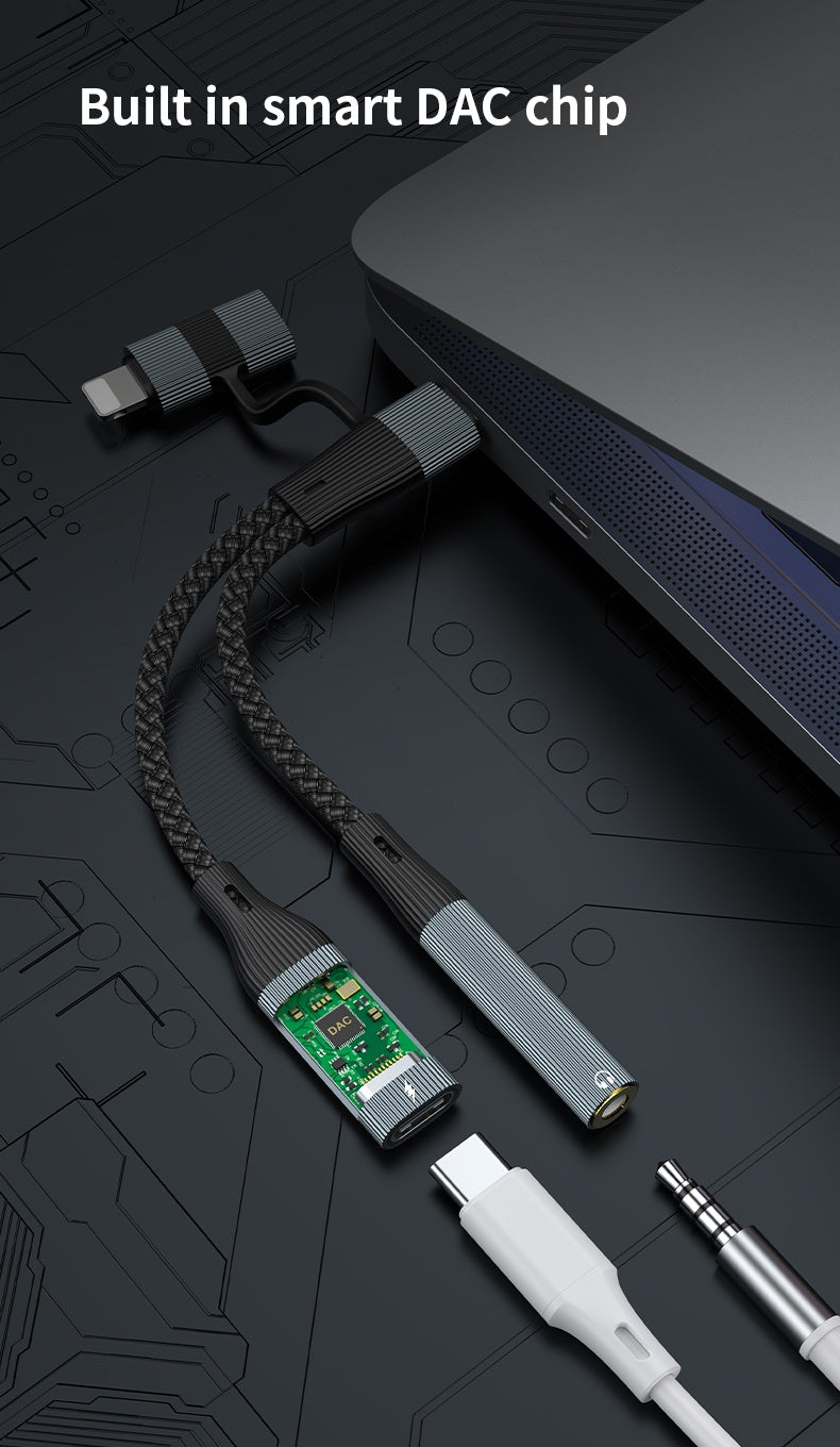 NÖRDIC USB-C+Lightning to Audio 3.5mm PD60W USB-C 15cm