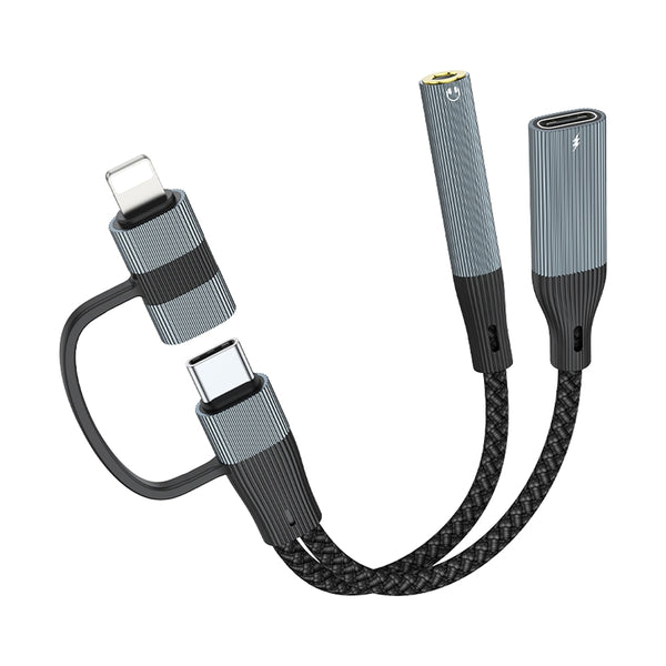 NÖRDIC USB-C+Lightning to Audio 3.5mm PD60W USB-C 15cm