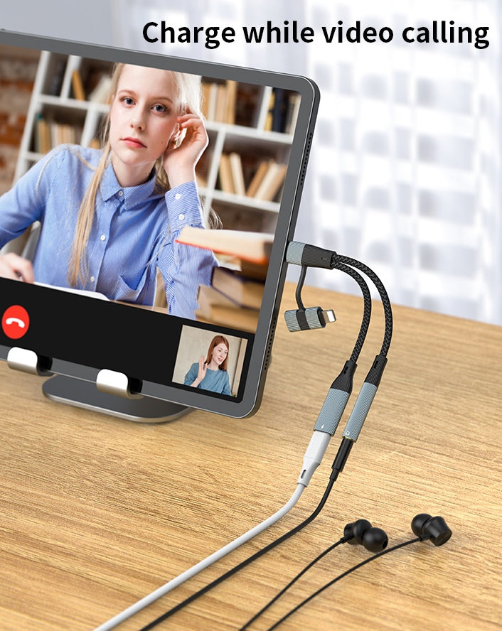 NÖRDIC USB-C+Lightning to Audio 3.5mm PD60W USB-C 15cm